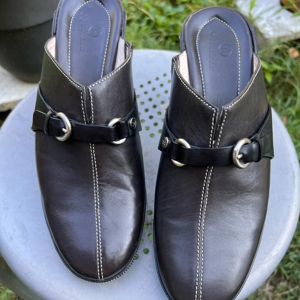 Cole‎ Haan, 9B, Brown leather mule with decorative buckle across the foot